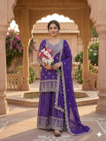 Eye Catching Purple Color Heavy Chinon Silk Palazzo Suit