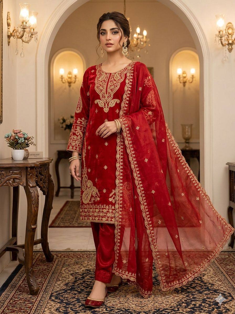 Fabulous Red Color Cording Sequence Embroidered Salwar Suit