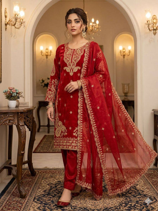 Fabulous Red Color Cording Sequence Embroidered Salwar Suit