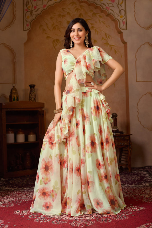 Fancy Green Orange Color Soft Georgette Floral Printed Lehenga Choli