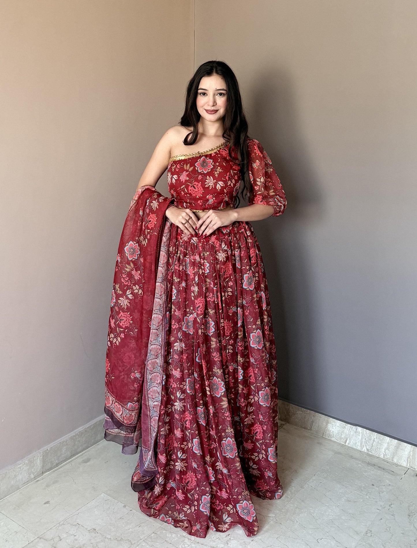 Fancy Maroon Color Stlish Floral Printed Lehenga Choli