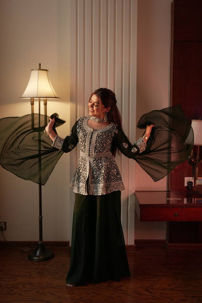 Fantastic Green Color Georgette Embroidered Top With Palazzo Set