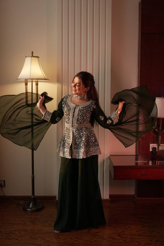 Fantastic Green Color Georgette Embroidered Top With Palazzo Set
