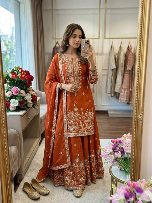 Fantastic Orange Color Embroidered Sequence Work Palazzo Suit