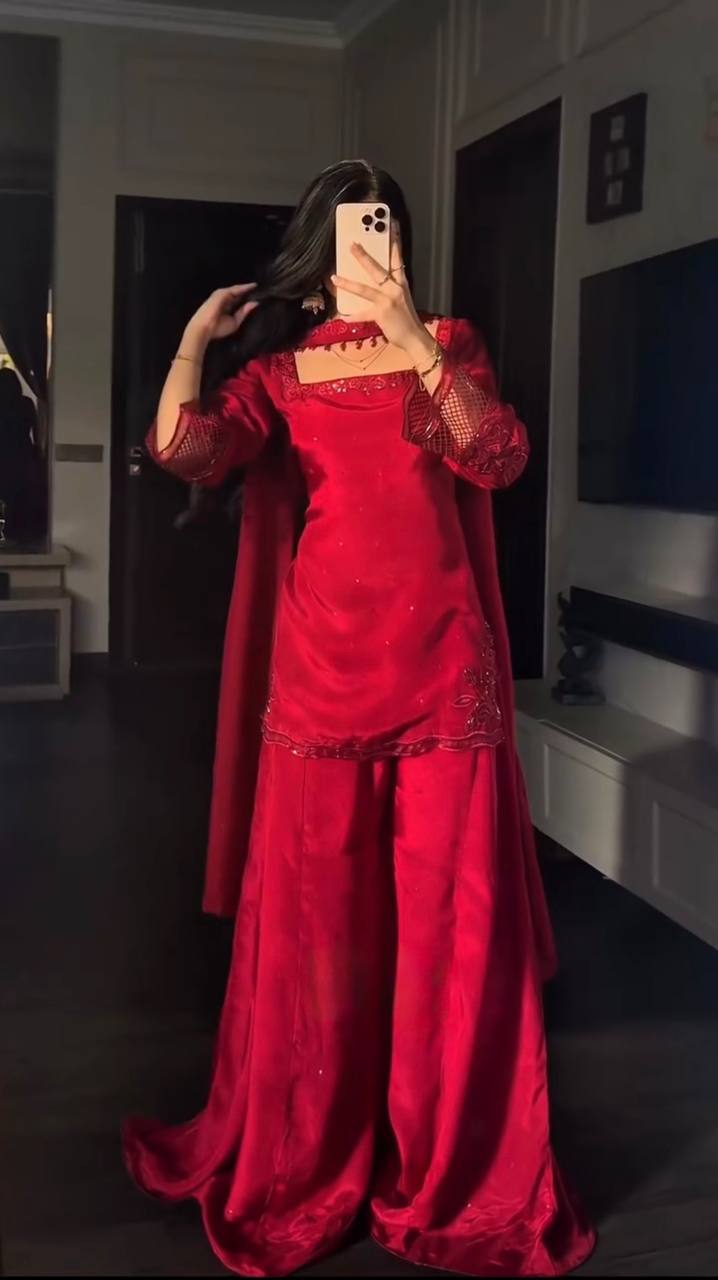 Fantastic Red Color Natural Silk Beads Work Palazzo Suit