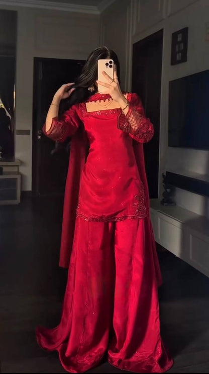 Fantastic Red Color Natural Silk Beads Work Palazzo Suit