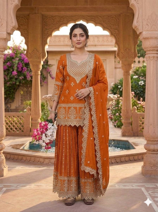 Fashionable Orange Color Heavy Chinon Silk Palazzo Suit With Dupatta