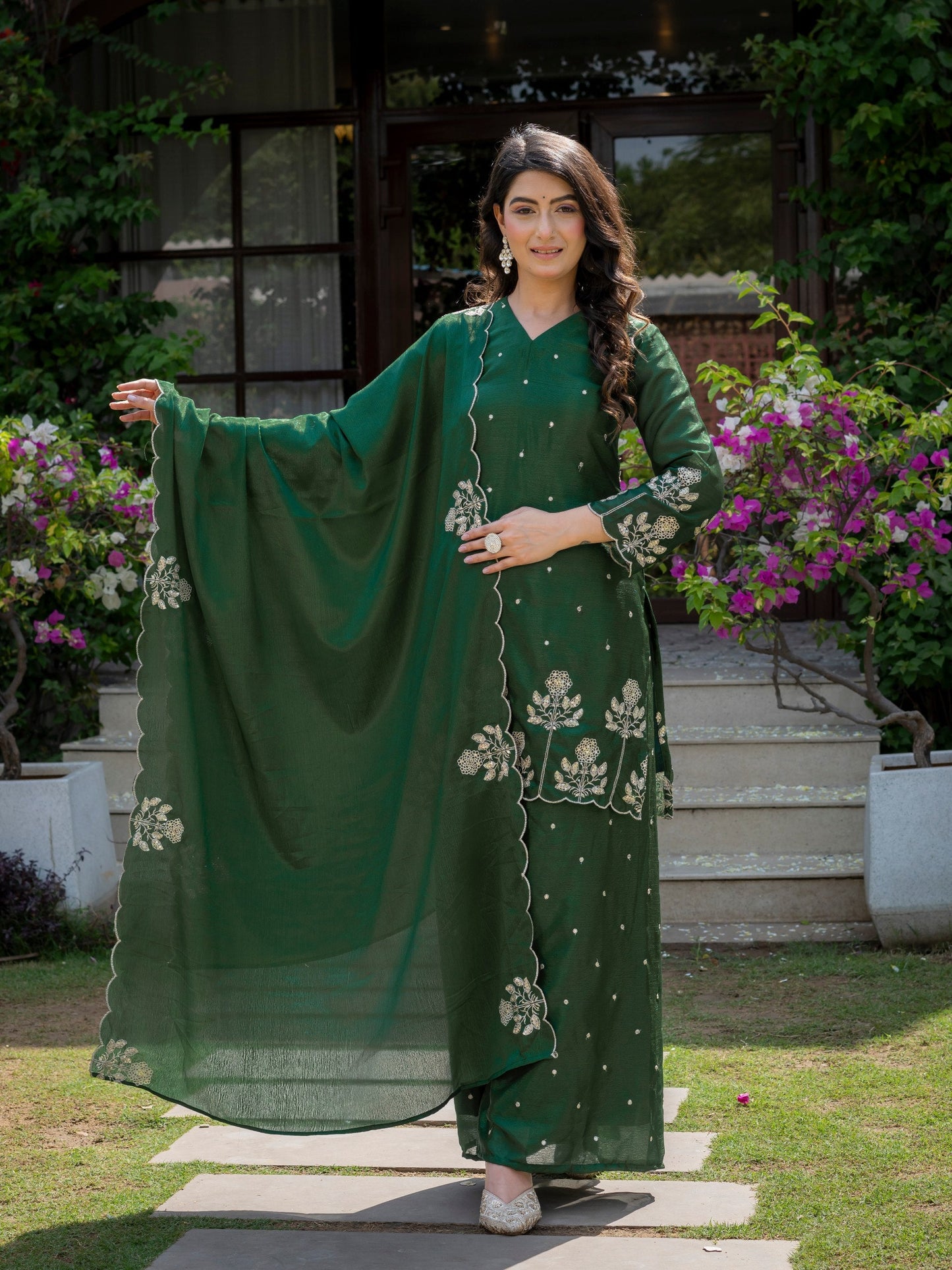 Festival Wear Green Color Chinnon Embroidered Palazzo Suit