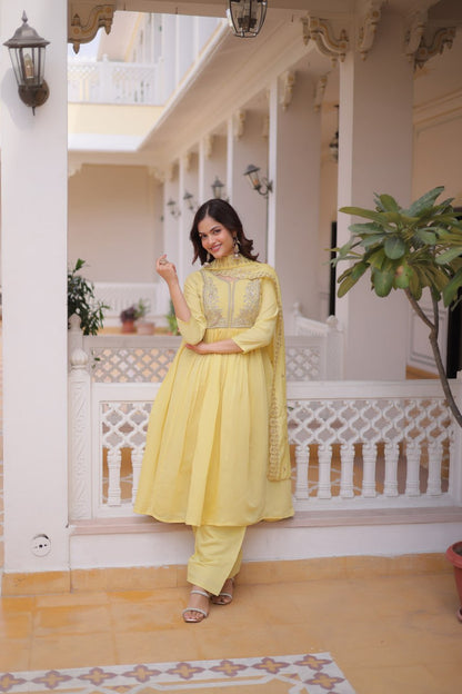Festive Wear Yellow Color Beads Embroidery Work Gown With Dupatta