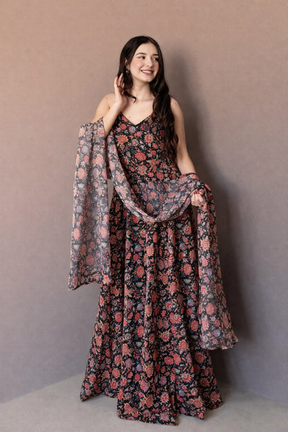Function Wear Black Color Soft Organza Floral Printed Gown