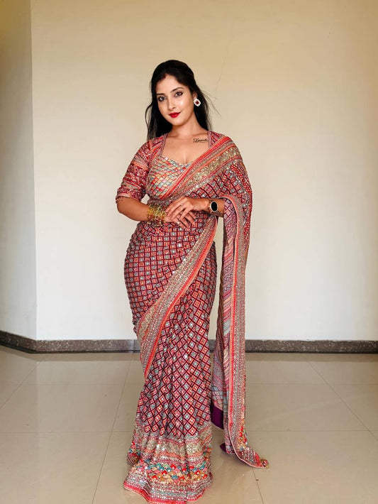 Function Wear Pink Color Soft Chinon With Beautiful Printed Saree With Blouse