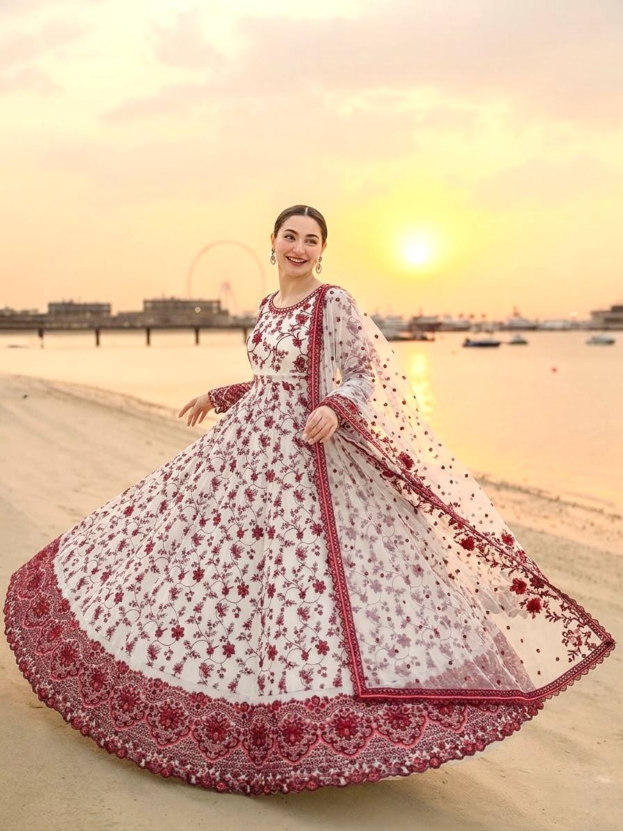 Function Wear White Color Heavy Embroidery Work Gown Set