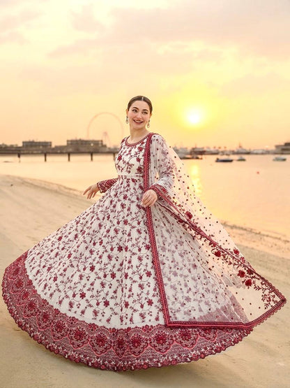 Function Wear White Color Heavy Embroidery Work Gown Set