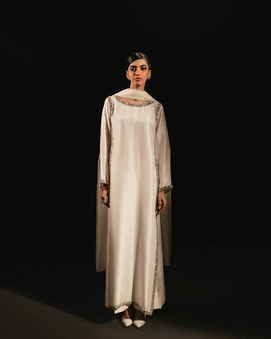 Glimmering White Color Natural Crepe Beads Work Palazzo Suit