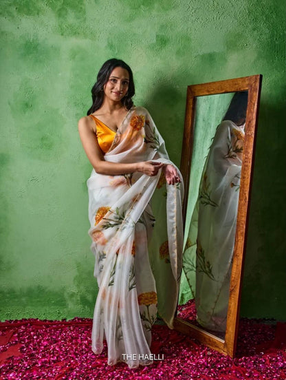 Glimmering Yellow Color Floral Printed Beads Handwork Saree With Blouse