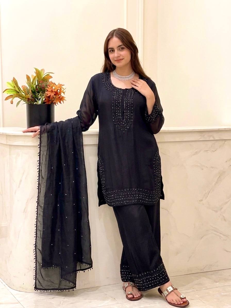 Glorious Black Color Embroidered Beads Work Salwar Suit