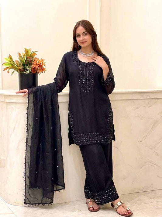 Glorious Black Color Embroidered Beads Work Salwar Suit