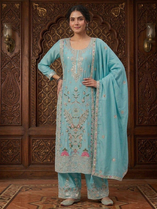 Glorious Sky Blue Color Heavy Embroidered Coding Sequence Work Palazzo Suit