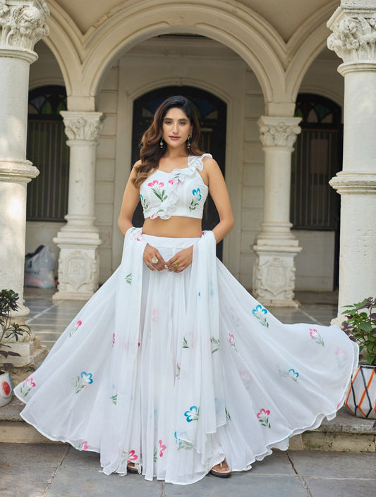 Glorious White Color Soft Georgette Hand Painted Floral Lehenga Choli