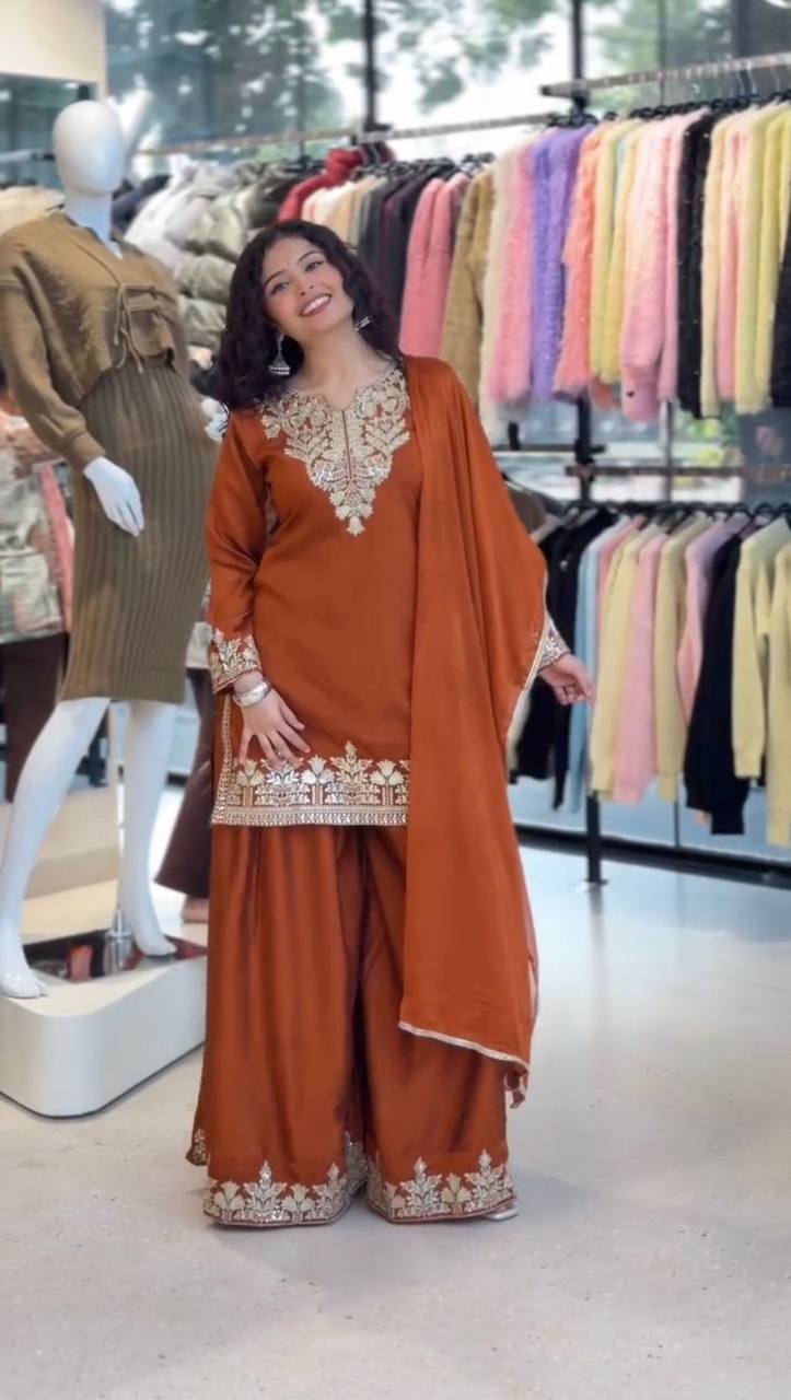 Glossy Orange Color Sequence Embroidered Work Palazzo Suit