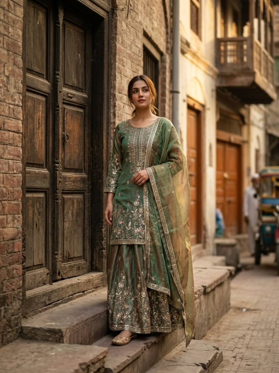 Gorgeous Green Color Embroidery Work Sharara Suit With Dupatta