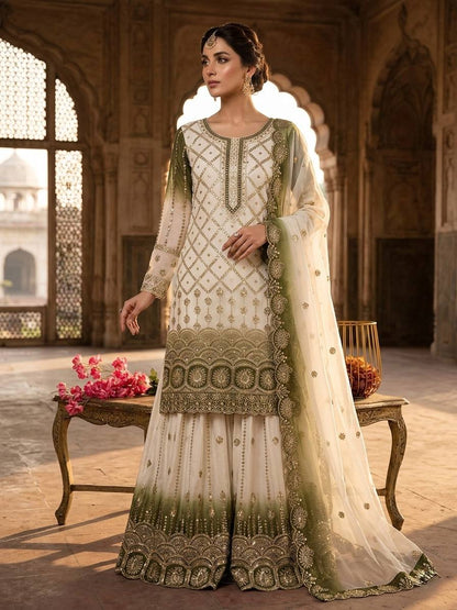 Gorgeous Green Color Heavy Embroidered Sequence Palazzo Suit