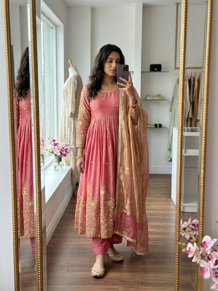 Gorgeous Peach Color Sequence Embroidered Anarkali Gown