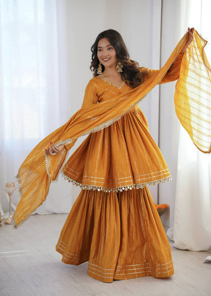 Gorgeous Yellow Color Mal Chanderi Real Mirror Handwork Sharara Suit
