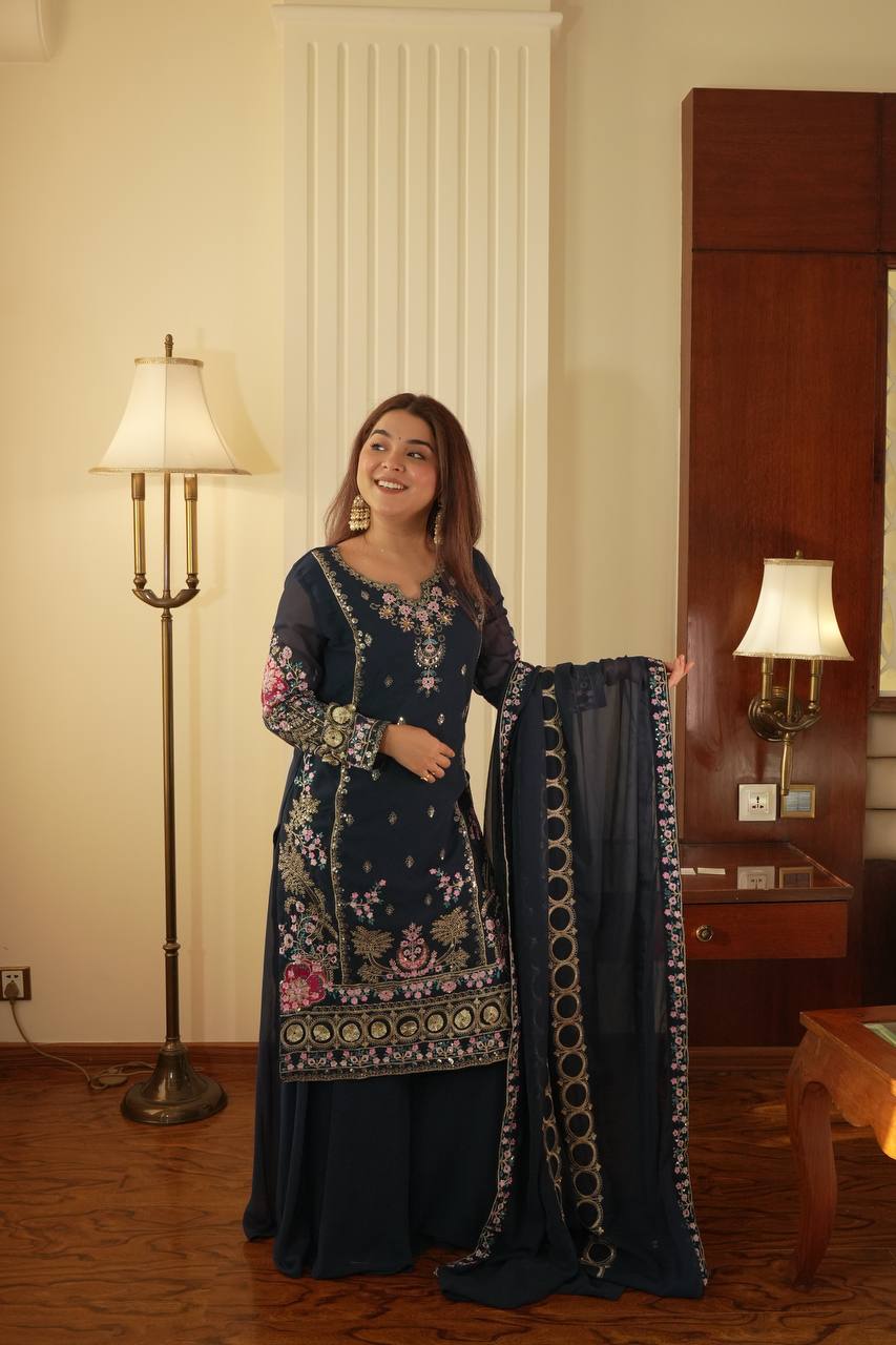 Graceful Grey Color Sequence Embroidered Palazzo Suit With Dupatta
