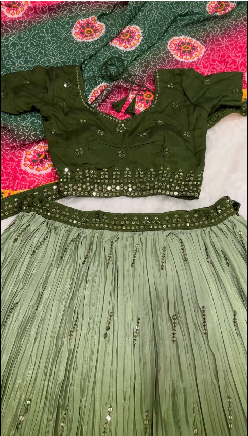 Function Wear Green Color Shaded Chinon Silk Sequins And Thread Embroidery Work Lehenga Choli