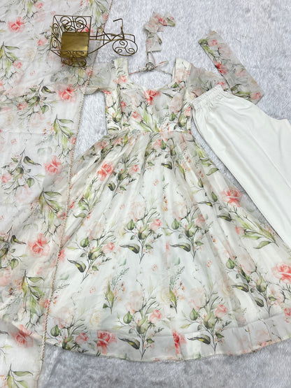 Gorgeous Flower Print White Color Anarkali Gown