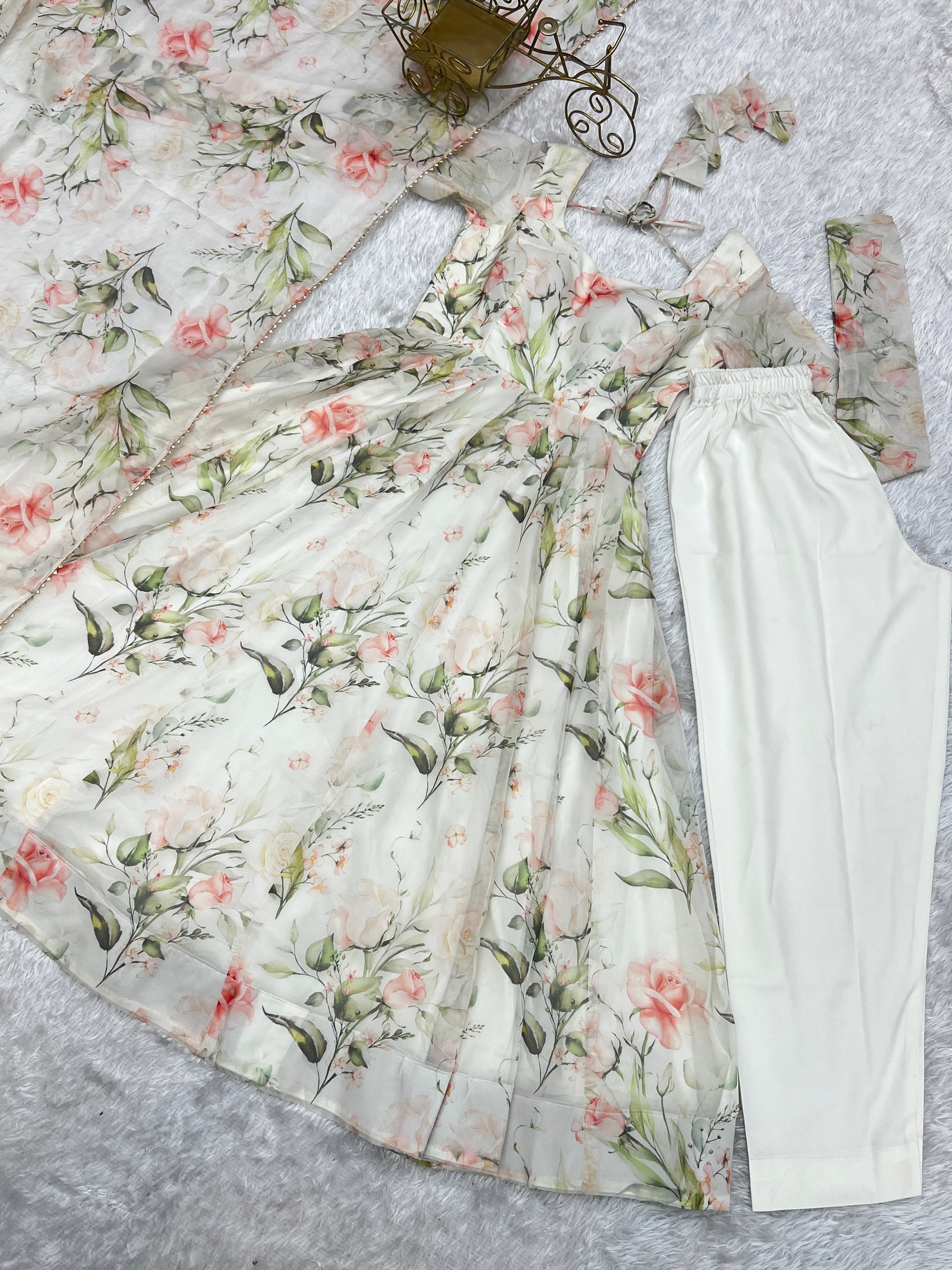 Gorgeous Flower Print White Color Anarkali Gown