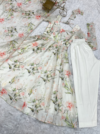 Gorgeous Flower Print White Color Anarkali Gown