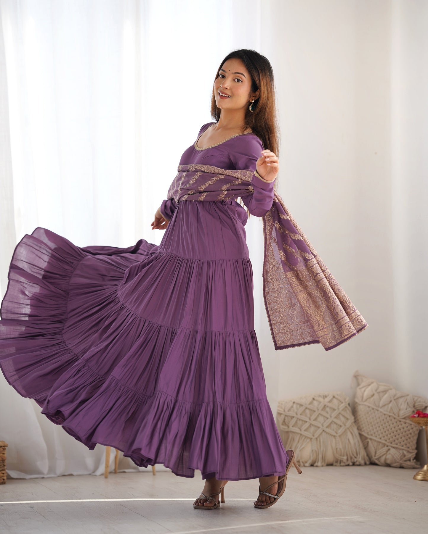 Presenting Purple Color Pure Roman Silk Chanderi Fabric Fully Flair Anarkali Gown With Dupatta