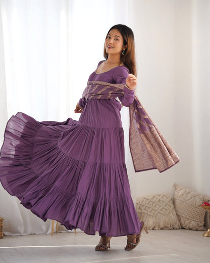 Presenting Purple Color Pure Roman Silk Chanderi Fabric Fully Flair Anarkali Gown With Dupatta