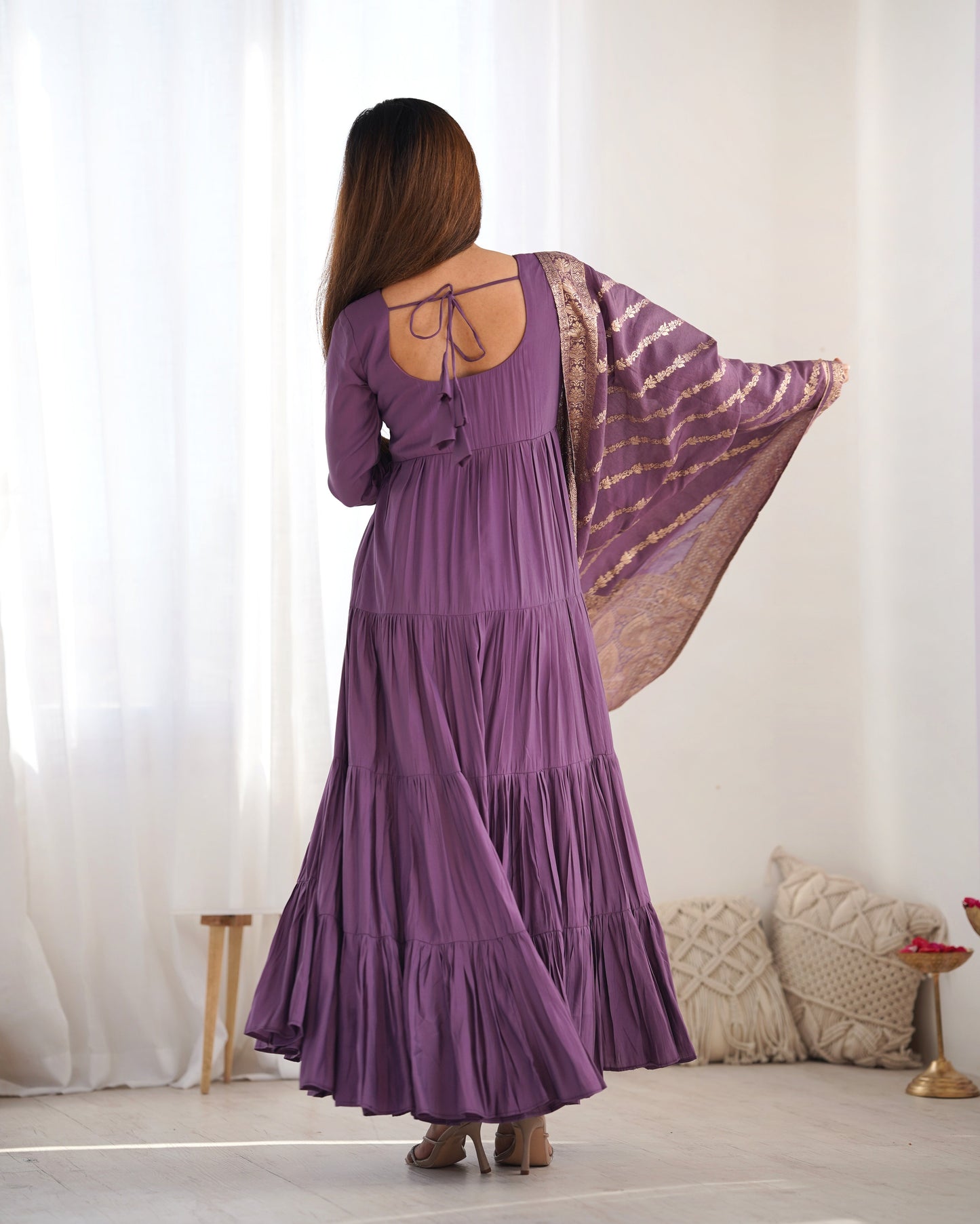 Presenting Purple Color Pure Roman Silk Chanderi Fabric Fully Flair Anarkali Gown With Dupatta