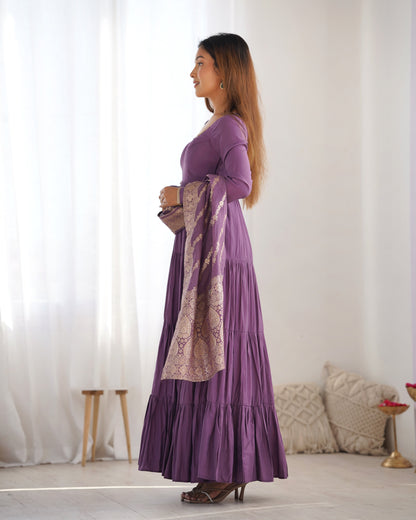 Presenting Purple Color Pure Roman Silk Chanderi Fabric Fully Flair Anarkali Gown With Dupatta