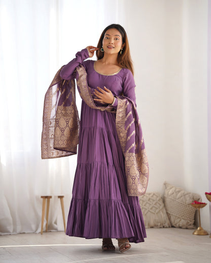 Presenting Purple Color Pure Roman Silk Chanderi Fabric Fully Flair Anarkali Gown With Dupatta
