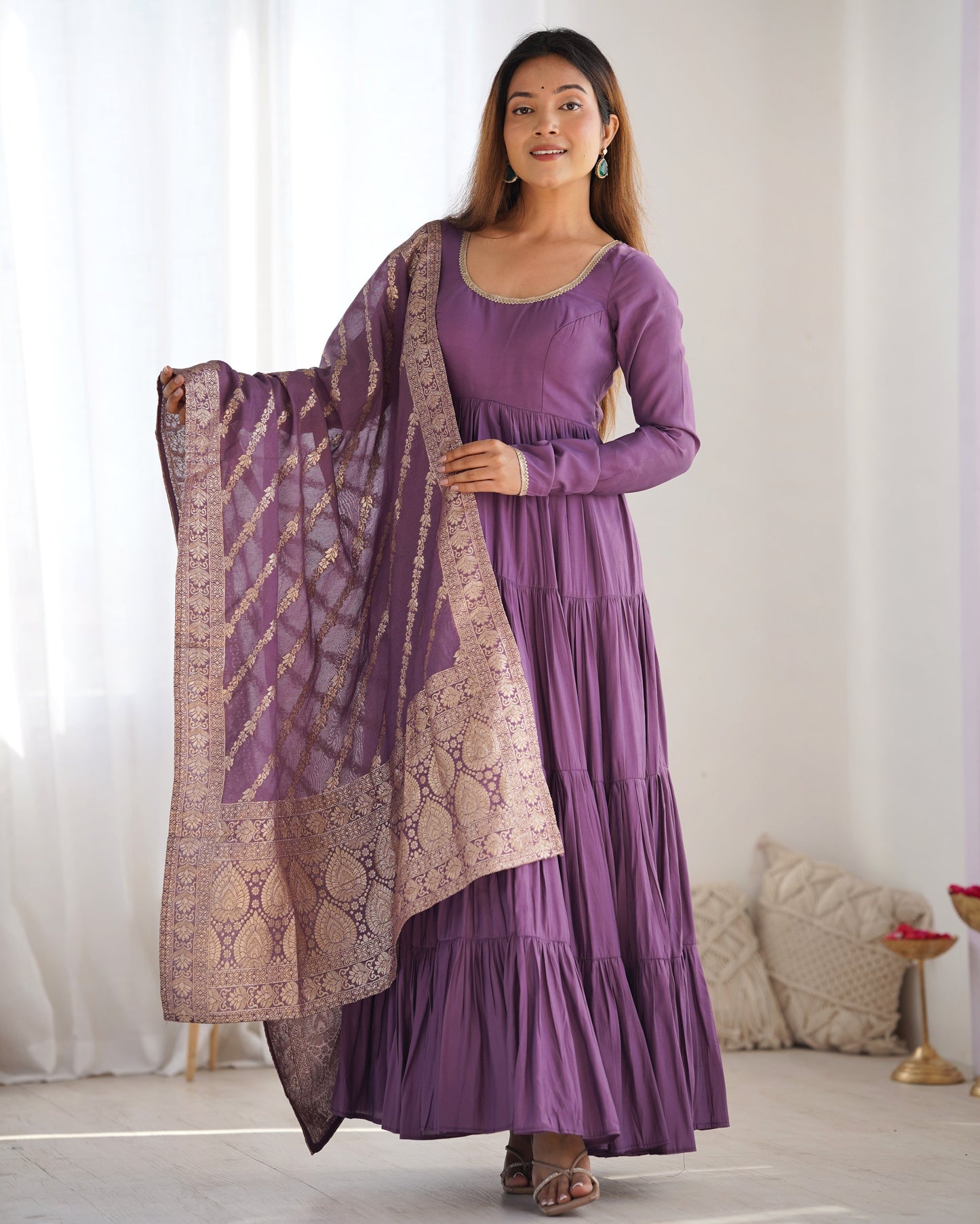 Presenting Purple Color Pure Roman Silk Chanderi Fabric Fully Flair Anarkali Gown With Dupatta