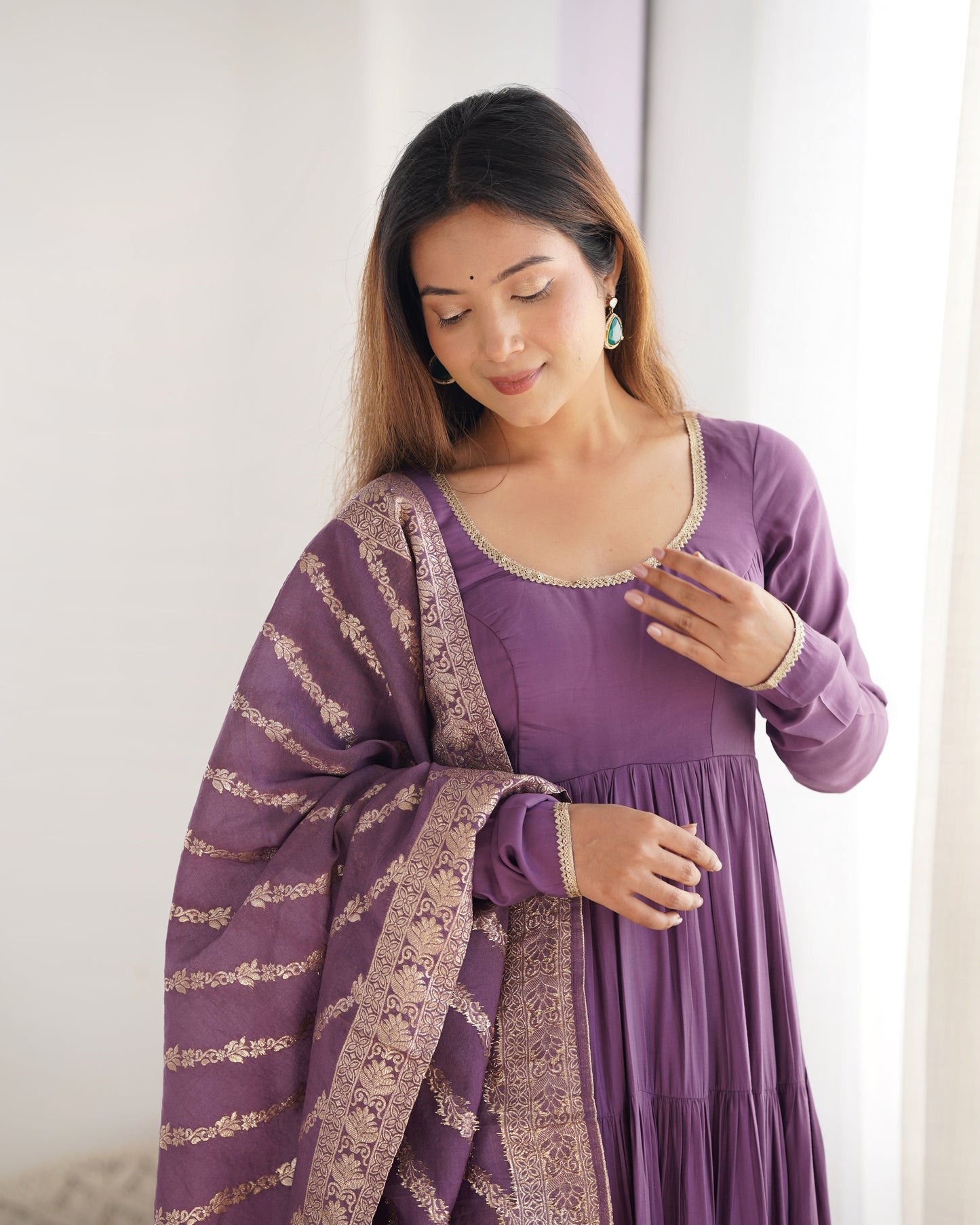 Presenting Purple Color Pure Roman Silk Chanderi Fabric Fully Flair Anarkali Gown With Dupatta
