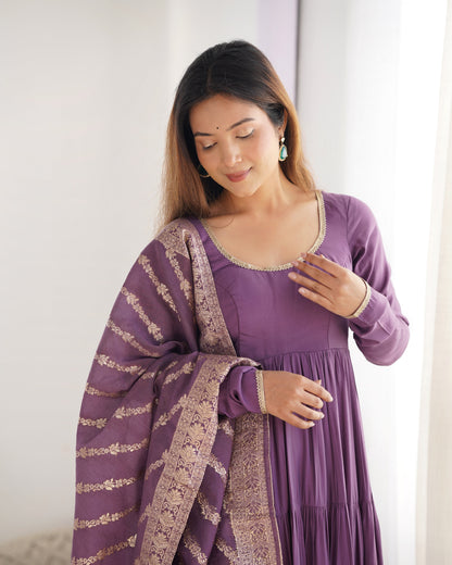 Presenting Purple Color Pure Roman Silk Chanderi Fabric Fully Flair Anarkali Gown With Dupatta