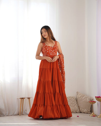 Party Wear Orange Color Heavy Pure Soft Faux Georgette Designer Gown