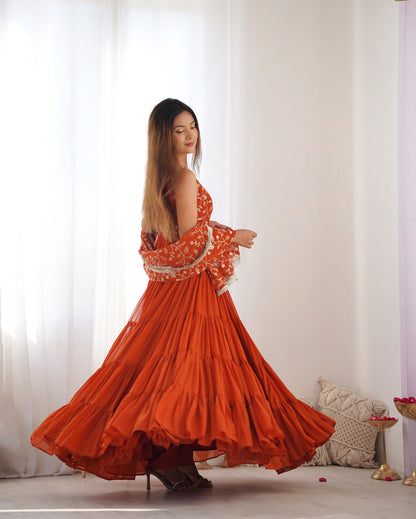 Party Wear Orange Color Heavy Pure Soft Faux Georgette Designer Gown
