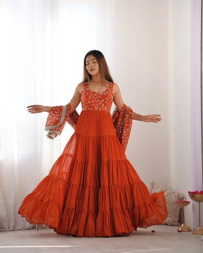 Party Wear Orange Color Heavy Pure Soft Faux Georgette Designer Gown