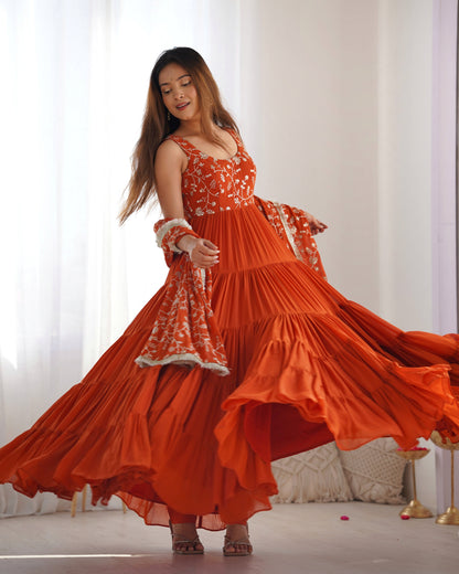 Party Wear Orange Color Heavy Pure Soft Faux Georgette Designer Gown