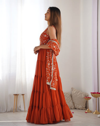 Party Wear Orange Color Heavy Pure Soft Faux Georgette Designer Gown