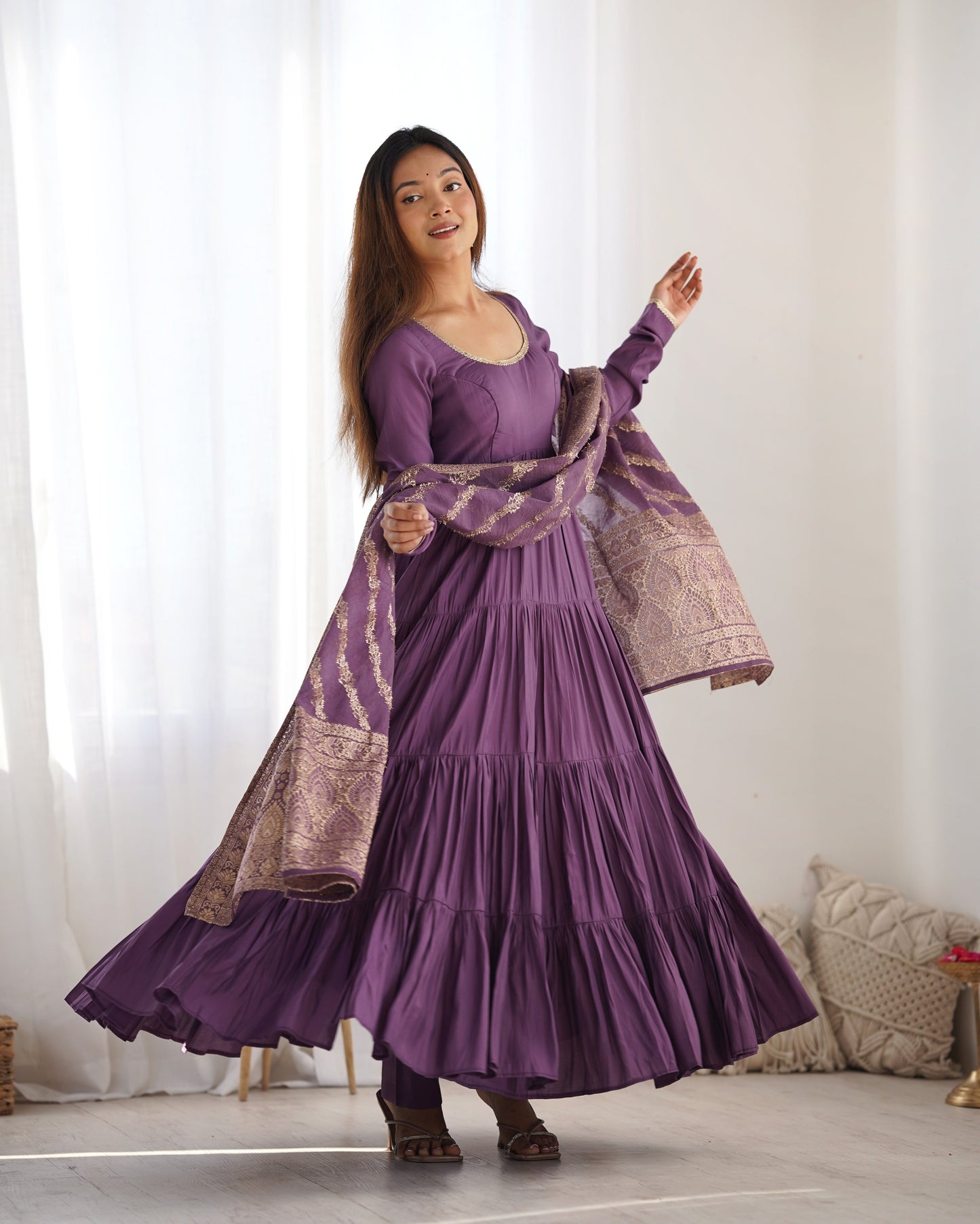 Presenting Purple Color Pure Roman Silk Chanderi Fabric Fully Flair Anarkali Gown With Dupatta