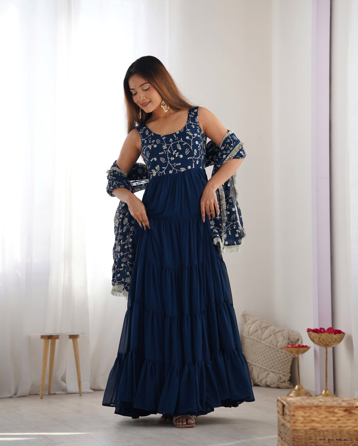 Party Wear Navy Blue Color Heavy Pure Soft Faux Georgette Designer Gown