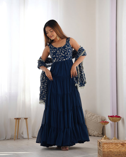 Party Wear Navy Blue Color Heavy Pure Soft Faux Georgette Designer Gown