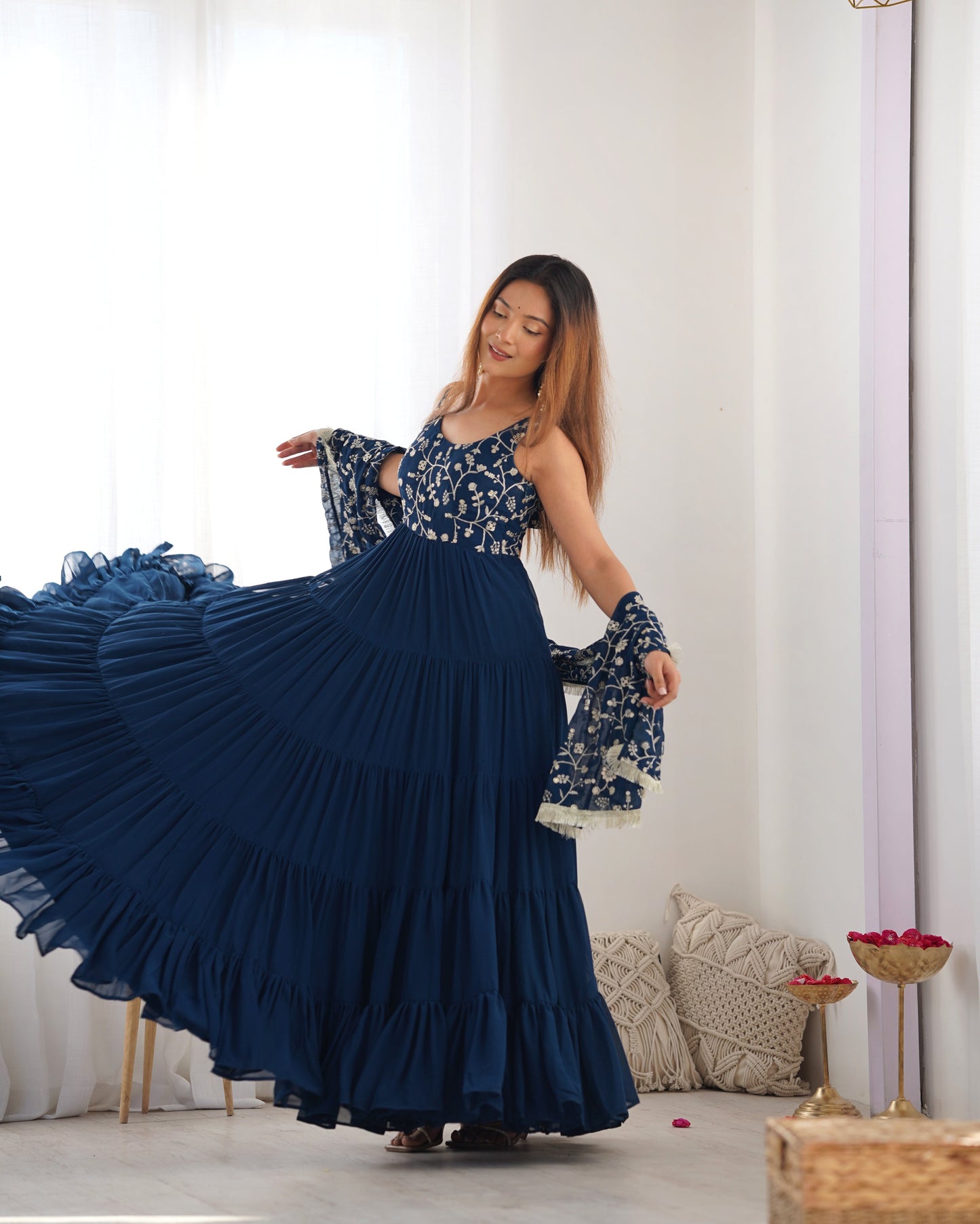 Party Wear Navy Blue Color Heavy Pure Soft Faux Georgette Designer Gown